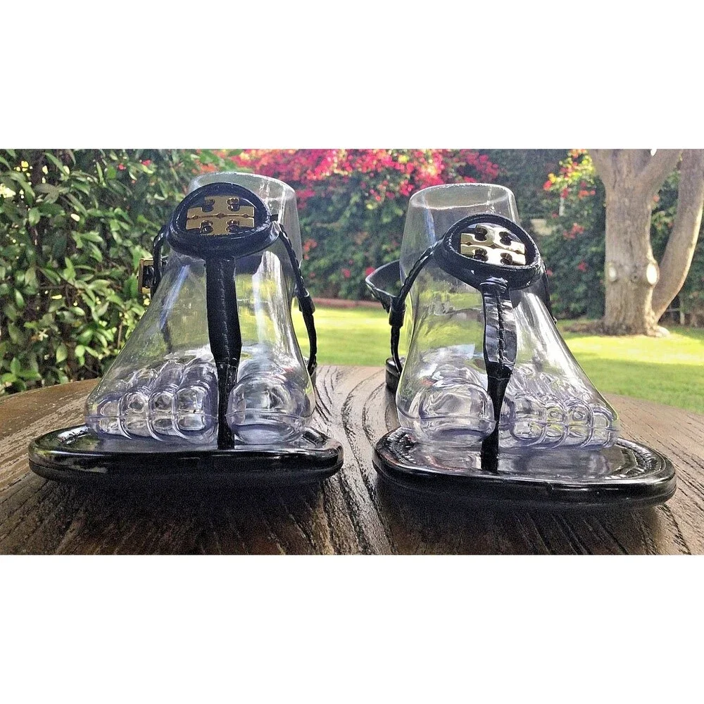 Tory Burch Dillan Black Patent Leather Flat Sandal Womens Size 10.5